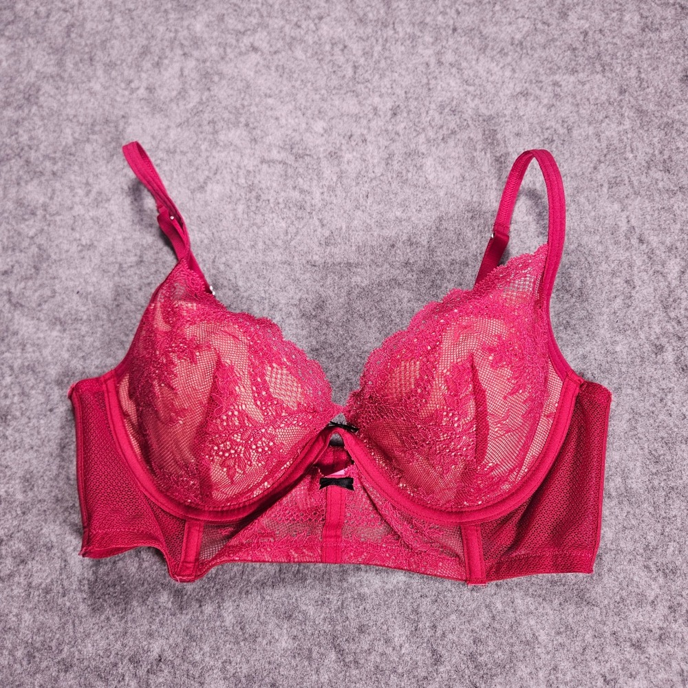 Betsey Johnson Womens Red Lace Underwire Padded Balconette Bra Romantic Sz 36C